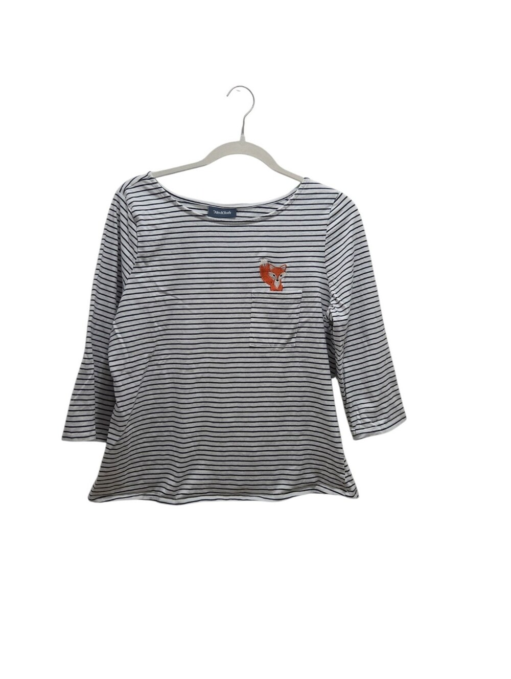 ModCloth XL Fox Pocket Navy Striped Cotton Tee 3/4 Sleeve Novelty Animal Top